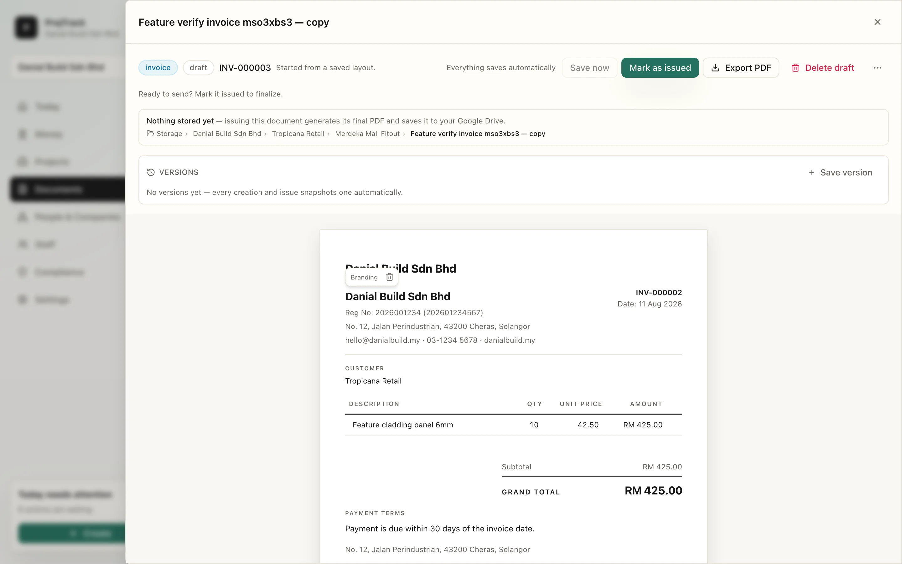 The issued invoice INV-000002 open in the ProjTrack document editor