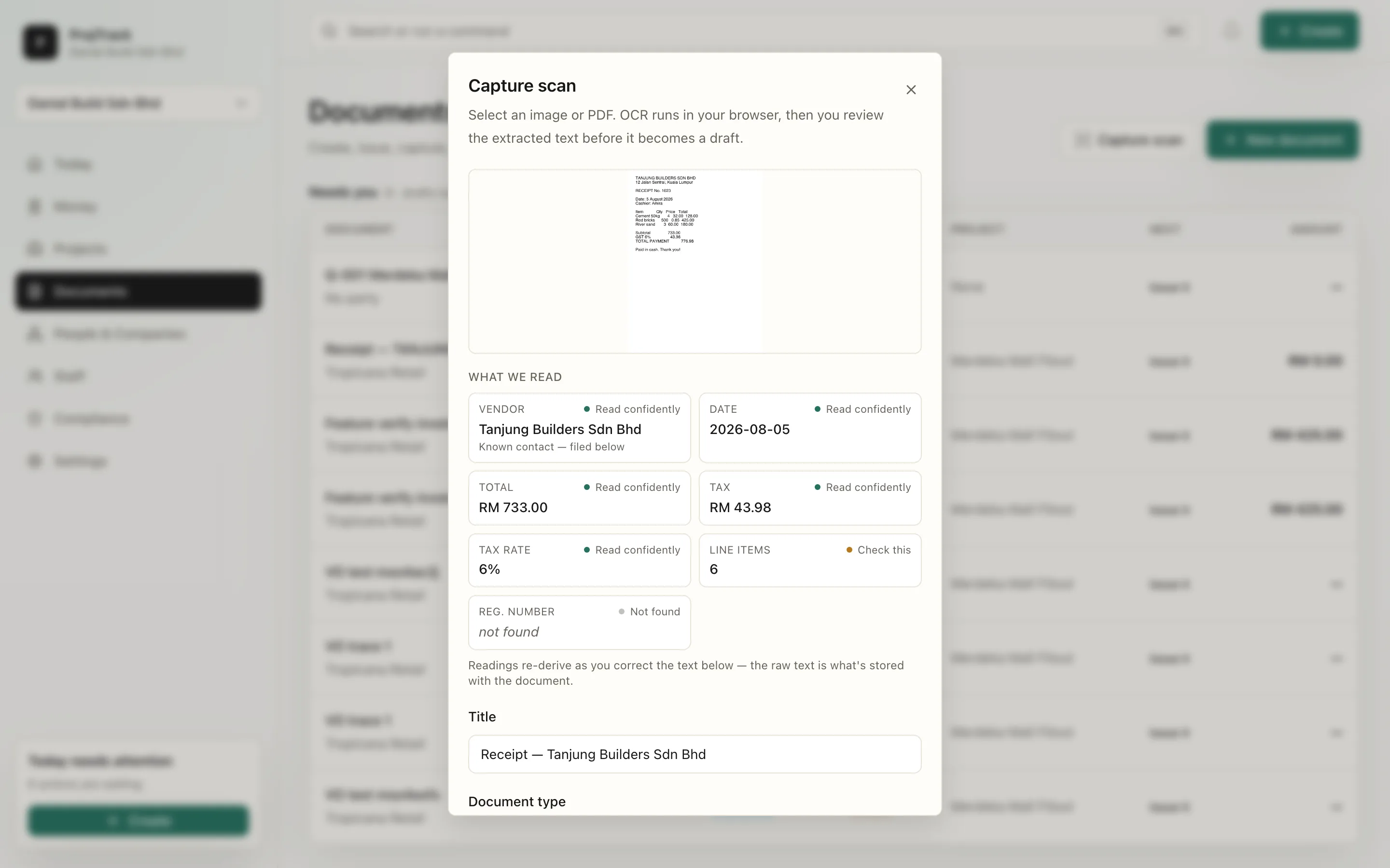 Receipt capture in ProjTrack: the scanned receipt with OCR-extracted fields shown for review before saving