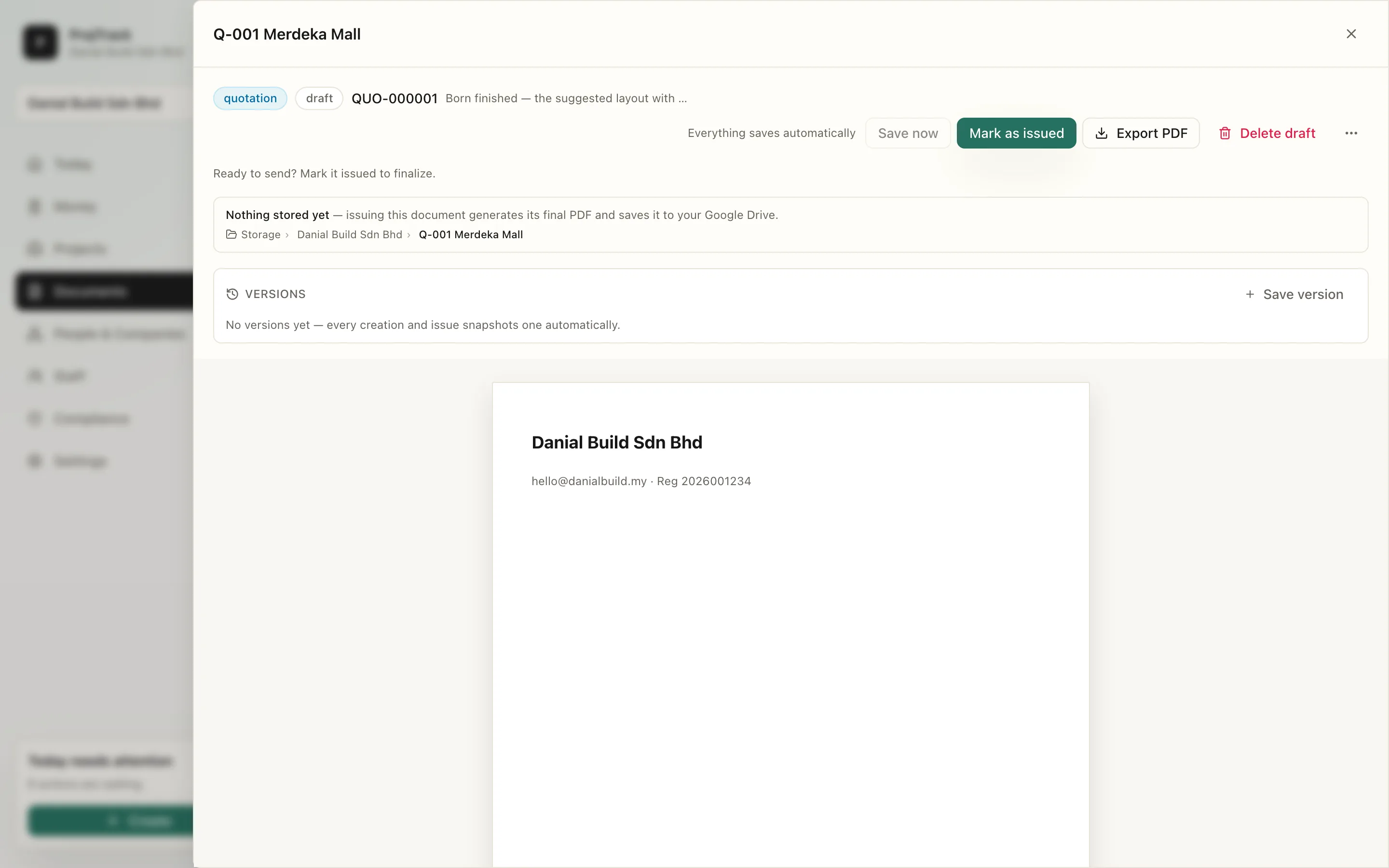 Quotation Q-001 for Merdeka Mall in the document editor: letterhead, party, line items, terms